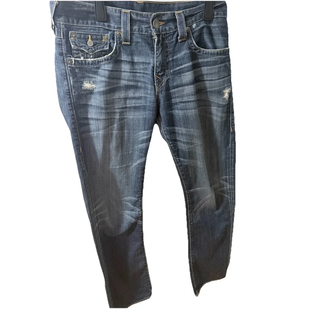 True Religion Ricky Straight Flap Jeans Men Sz 32 x 31 Blue Distress 100% Cotton